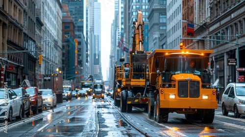 A convoy transporting heavy construction machinery through a city © Wattana