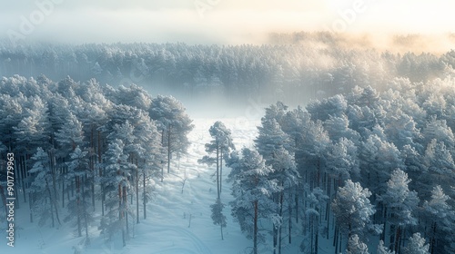 Majestic Winter Landscape With Snow-Covered Trees and Soft Morning Fog Over the Forest. Generative AI