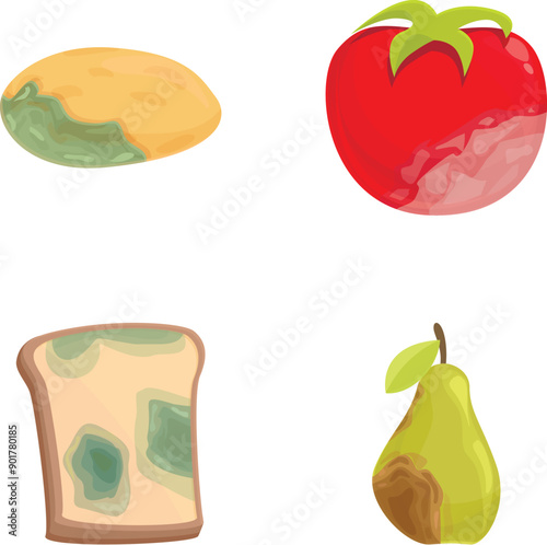 Expired food icons set cartoon vector. Spoiled and damaged product. Organic food waste