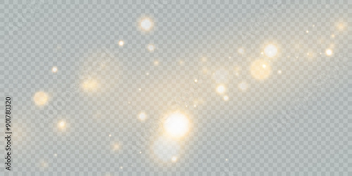 Sparkling Christmas gold particles of bright bokeh, glowing bokeh lights and glitter isolated on transparent background.