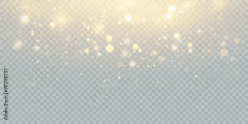 Glowing golden dust bokeh with reflections. Christmas glowing bokeh and glitter overlay texture for your design on transparent background. Golden particles abstract vector background.