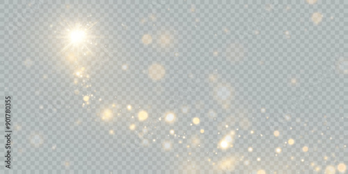 Sparkling Christmas gold particles of bright bokeh, glowing bokeh lights and glitter isolated on transparent background.
