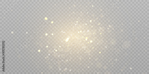 Sparkling Christmas gold particles of bright bokeh, glowing bokeh lights and glitter isolated on transparent background.