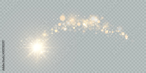 Sparkling Christmas gold particles of bright bokeh, glowing bokeh lights and glitter isolated on transparent background.