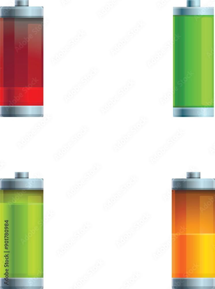 Battery indicator icons set cartoon vector. Battery with various level of charge. Electric power accumulator Battery indicator icons set cartoon vector. Battery with various level of charge. Electric power accumulator
