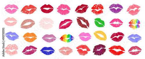 Set of Lipstick kiss prints. Different colors and shapes female sexy lips. Lips makeup. Female mouth. Imprint of lips kiss vector illustrations isolated on transparent background.