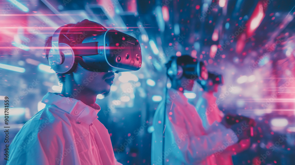 Naklejka premium Immersive Virtual Reality: People Exploring Dynamic Futuristic Worlds