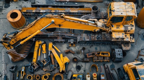 A disassembled construction machine undergoing a complete overhaul