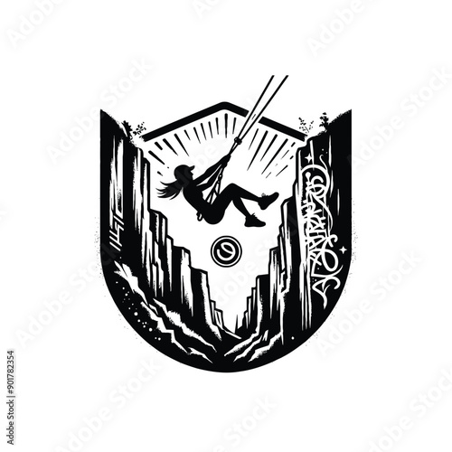 Canyon Swinging sport female player with graffiti tags, street art pattern illustration, emblem shield badge shield circle