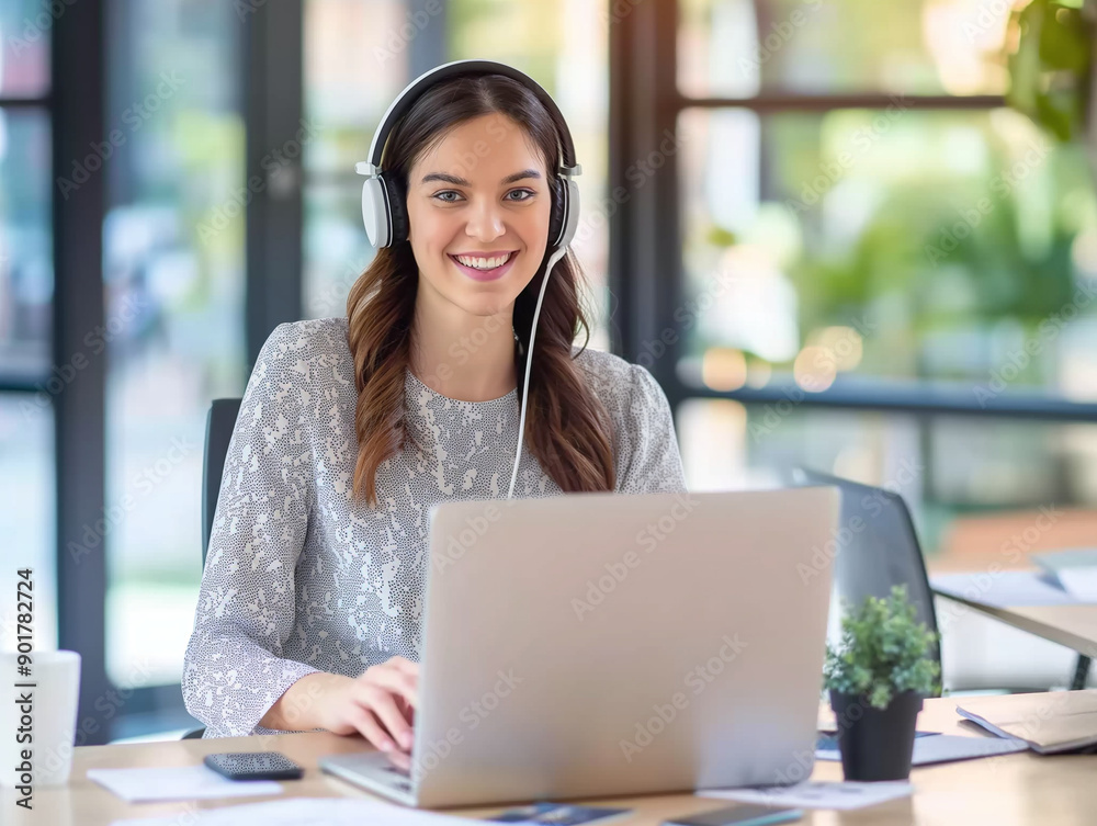 smiling customer representative using headset smiling customer representative using headset
