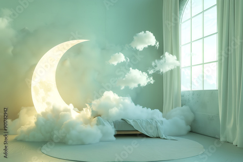 An indoor scene featuring a decorative half moon and clouds, set against elegant paneling photo