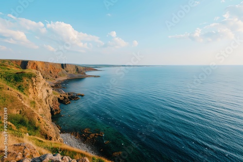 Aerial view of a wind farm near a coastline with seagulls, renewable resources, marine conservation