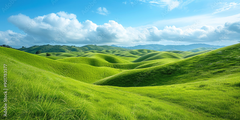 Fototapeta premium Nature background, serene landscape with green hills and thick lush grass.