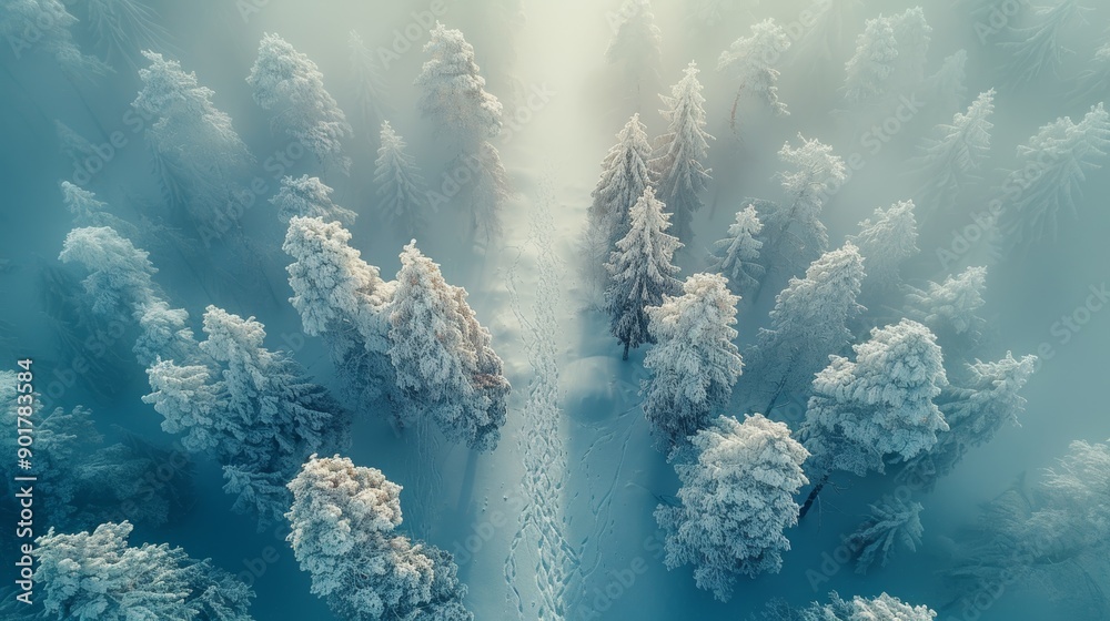 Obraz premium Majestic Winter Wonderland Featuring Frosty Trees and Footprints in Snowy Forest. Generative AI