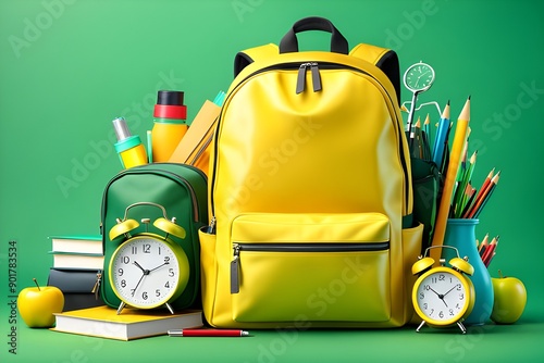 Back to school vector template design. Welcome back to school text with educational supplies like backpack, water color, notebook and calculator in blue background. Vector illustration.