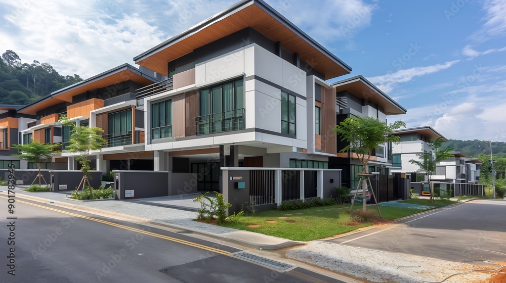 Modern Townhouses with Lush Greenery and a Paved Street Modern Townhouses with Lush Greenery and a Paved Street
