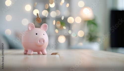Pink Piggy Bank With Coins On Table