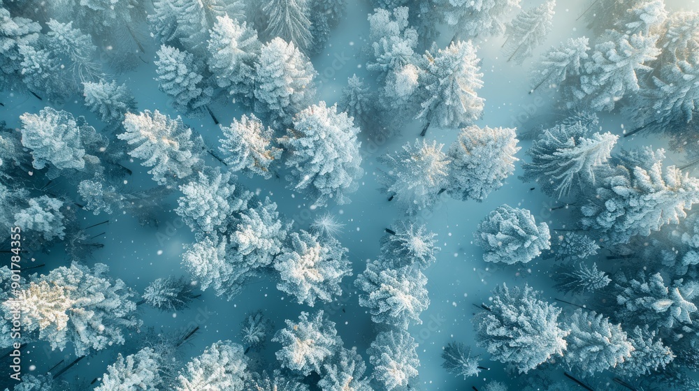 Aerial View of Snow-Covered Pine Trees in a Winter Forest at Dusk. Generative AI