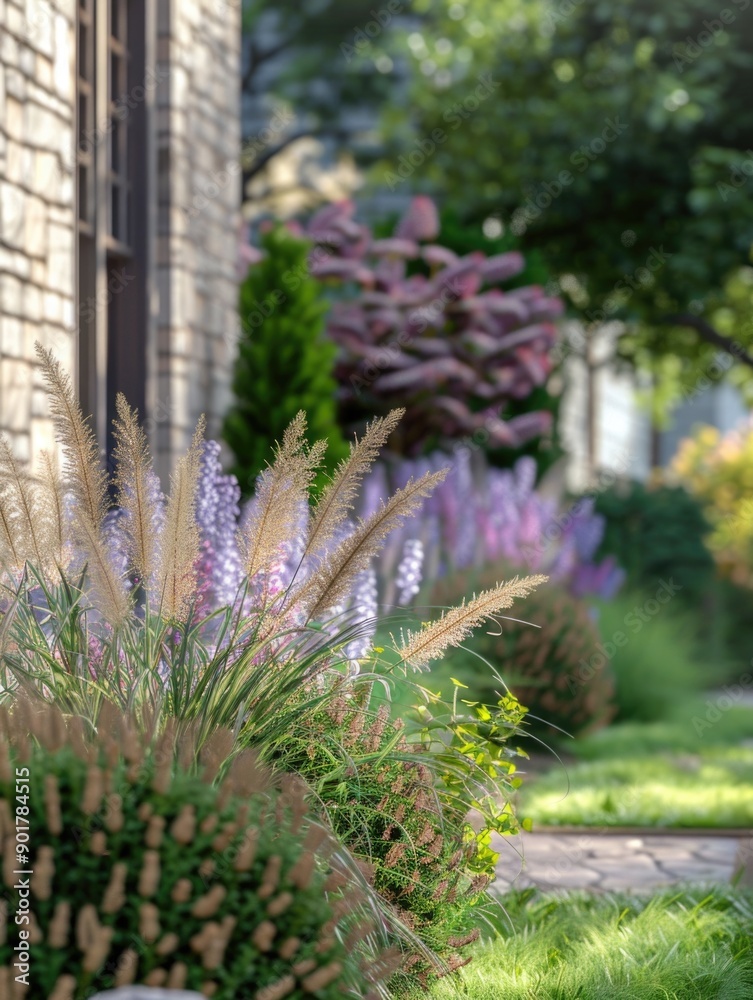 Obraz premium A row of bushes in front of a brick building