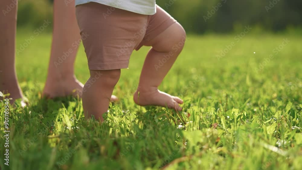 A baby is taking the first steps in the grass. Child walk mother concept. Mom and baby toddler taking first steps. Close-up baby bare feet walking on the grass lifestyle in the park. A baby is taking the first steps in the grass. Child walk mother concept. Mom and baby toddler taking first steps. Close-up baby bare feet walking on the grass lifestyle in the park.