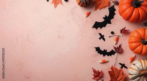 Halloween Pumpkins and Bats on Orange Background