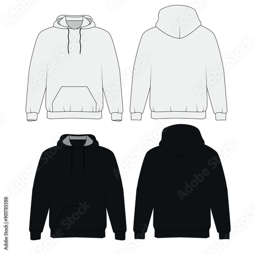 Set of vector sketches of hoodie with pocket, front and back view. Technical drawing of hooded sweatshirt in white and black colors. Hoodie sweatshirt template on white background, vector.