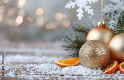 Gold Christmas Ornaments With Snow and Pine