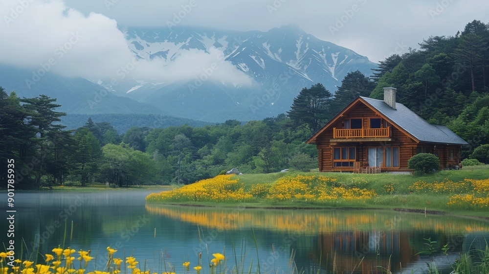 Fototapeta premium Peaceful scene of a wooden cabin reflecting in a lake with a mountain landscape in the background