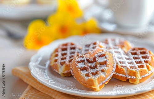 Heart-Shaped Waffles With Powdered Sugar