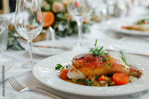 grilled chicken sitting on a bed of naturally seasoned roasted vegetables plated on a fancy exquisite white gourmet dinner plate served with a glass of wine generative ai