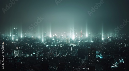Nighttime Cityscape With Searchlights