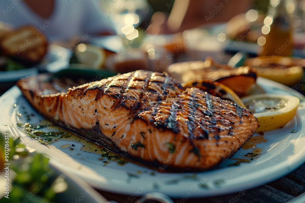 Grilled salmon fillet and vegetables. Professional fine dining gourmet food photography