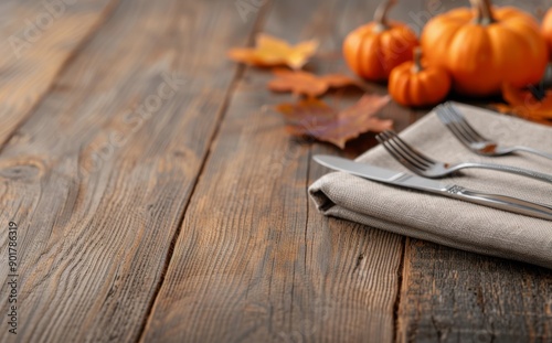 Pumpkins And Candles On Wooden Table