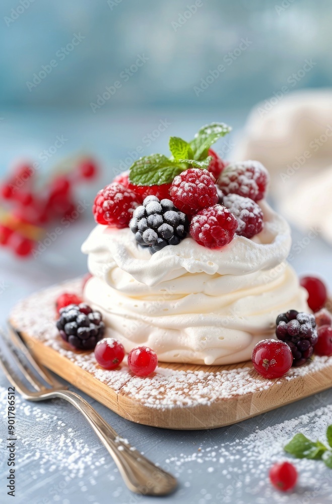 Cranberry Meringue Dessert on Wooden Board Cranberry Meringue Dessert on Wooden Board