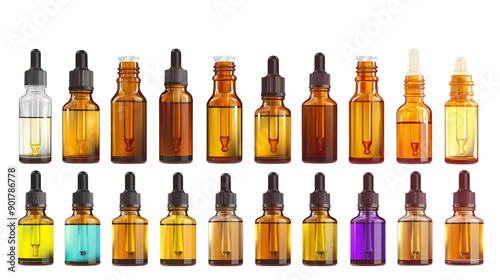 A colorful array of glass dropper bottles in various sizes and shapes, showcasing a spectrum of liquid contents.