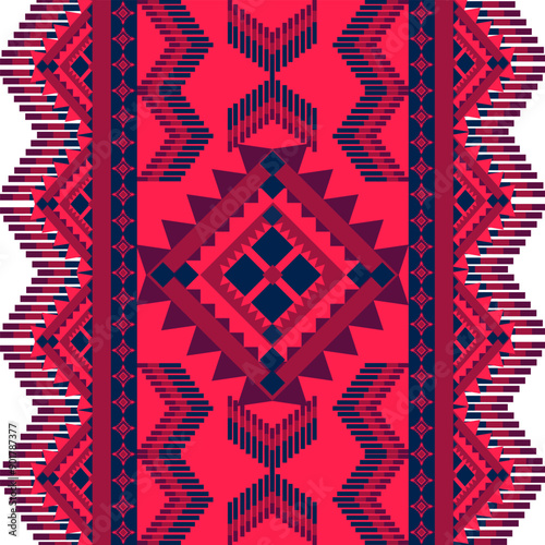 Red Geometric Ethnic pattern, Native American tribal fabric, tile, carpet, vector,
illustration design, on navy blue background