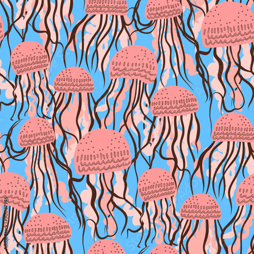 Seamless pattern with jellyfish. Marine life. Drawing in ink and watercolor. Hand-drawn illustration.