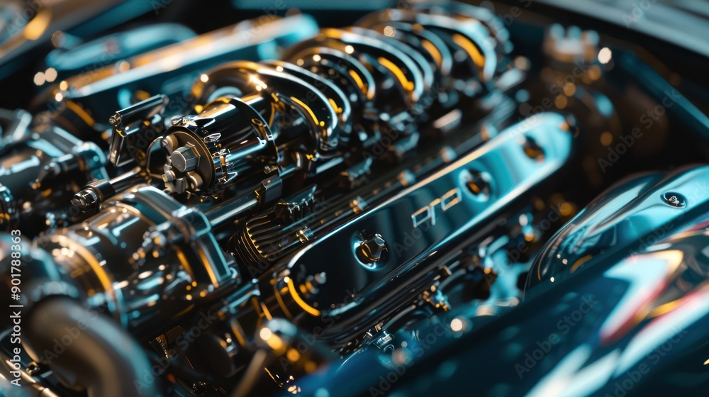 Close-up of a powerful sports car engine revving up. 
