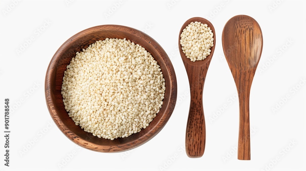 Front view of a wooden scoop filled with Organic White Sesame seeds (Sesamum indicum) or Til. Isolated on a white background.
Front view of a wooden scoop filled with Organic White Sesame seeds (Sesamum indicum) or Til. Isolated on a white background.