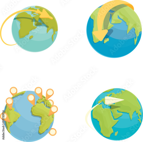 Around world icons set cartoon vector. Plane flies around earth. Travel around world