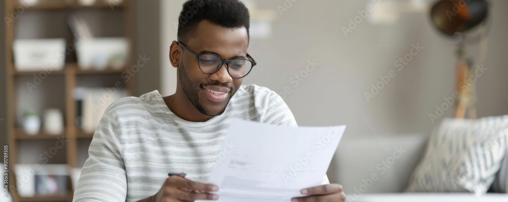 A man in glasses reads a document with a surprised expression. A man in glasses reads a document with a surprised expression.