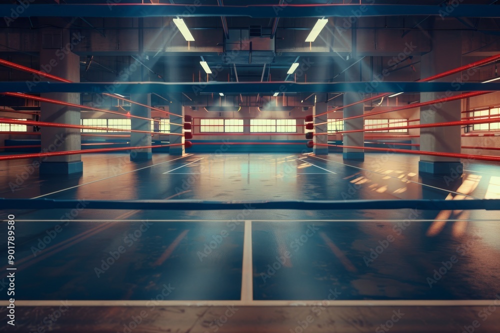 A pristine boxing ring sits empty in a state-of-the-art sports facility, bathed in bright light. The ring's ropes and mat are immaculately clean and well-maintained. A pristine boxing ring sits empty in a state-of-the-art sports facility, bathed in bright light. The ring's ropes and mat are immaculately clean and well-maintained.