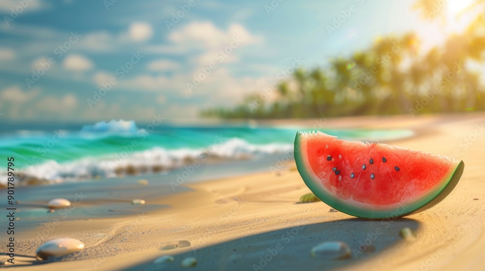 Watermelon slice on a sandy beach with the ocean in the background. Watermelon slice on a sandy beach with the ocean in the background.