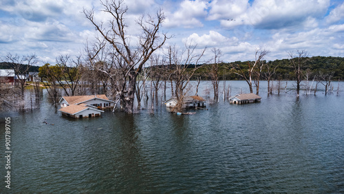 houses flooded in a lake