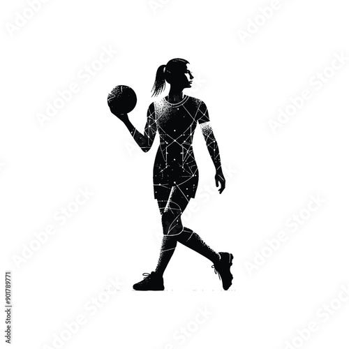 Handball sport female player with cyberpunk, glitch pattern illustration, emblem shield badge