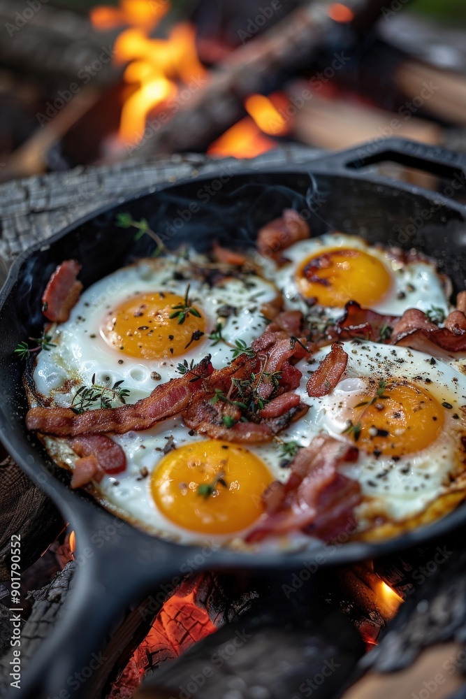 Breakfast in Nature: Sunny Side Up Eggs and Bacon in a Cast Iron Pan