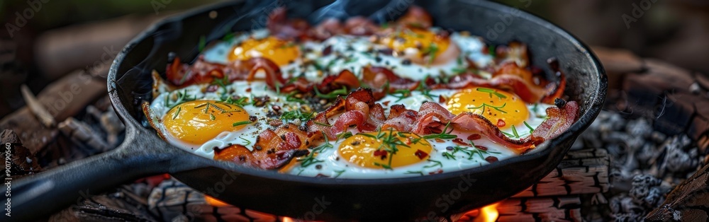 Cast Iron Pan With Sunny Side Up Eggs and Bacon Cooking Over Flames Cast Iron Pan With Sunny Side Up Eggs and Bacon Cooking Over Flames