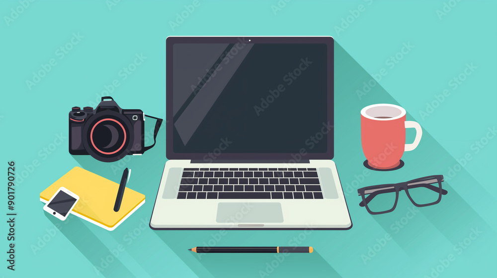 A camera, coffee, and laptop on a designer’s table, highlighting the tools of a graphic designer as they work on visual content creation. A camera, coffee, and laptop on a designer’s table, highlighting the tools of a graphic designer as they work on visual content creation.