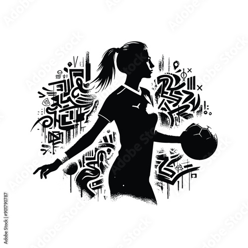 Handball sport female player with graffiti tags, street art pattern illustration, emblem shield badge