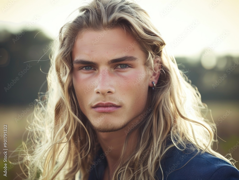 Handsome Young Man with Long Blonde Hair and Piercing Blue Eyes Outdoors